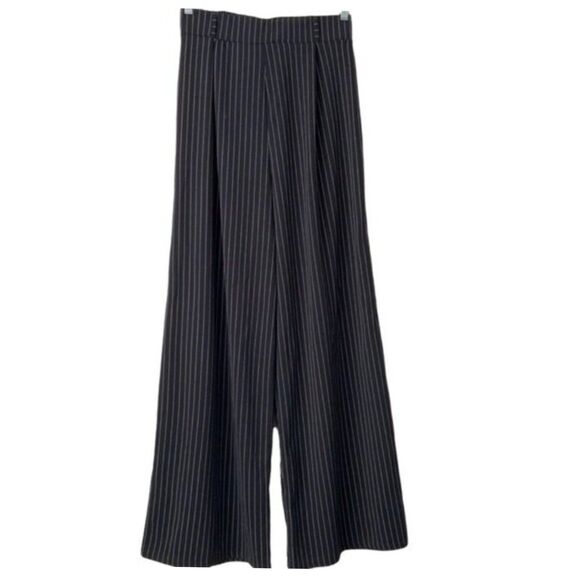 PrettyLittleThing Pinstripe Wide Leg Trouser Black 12 - Picture 2 of 8